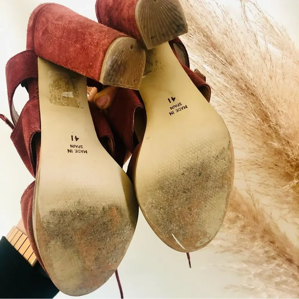 ANTHROPOLOGIE SCHULER SONS Maroon Burgundy Sling Back Lace Block Heels Sandals - Picture 10 of 12